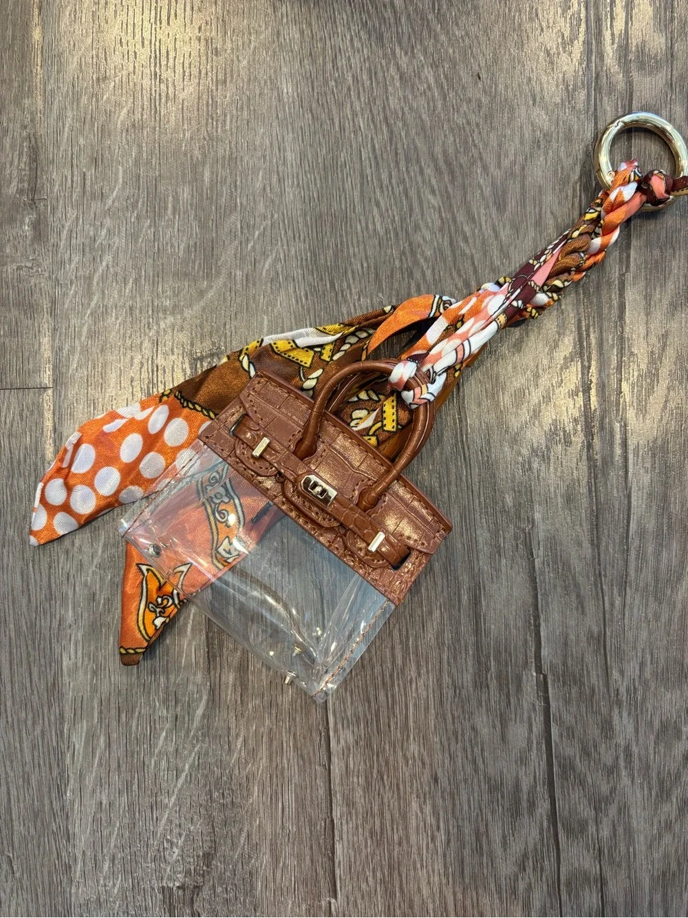 Mini Handbag Tassel Keychain Bag Charm | Twilly Scarf | Brown